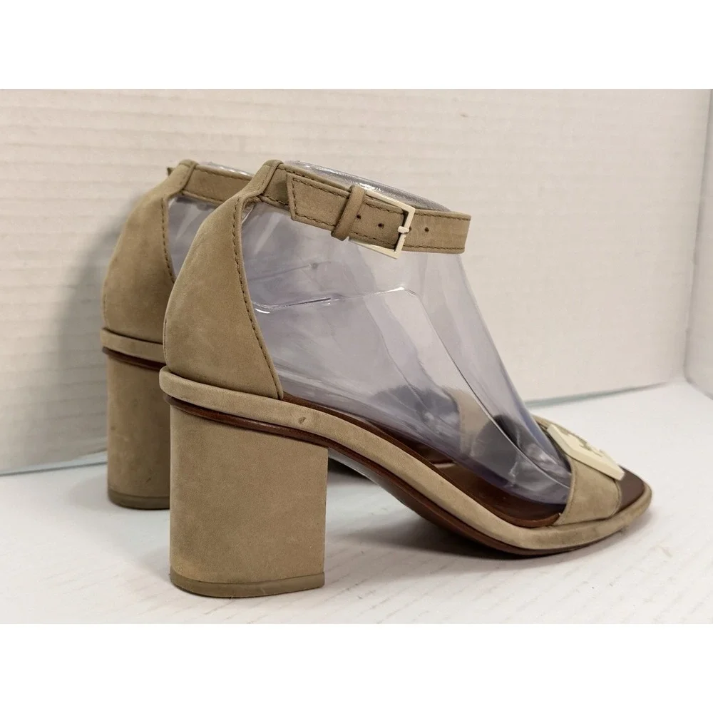 Tory Burch Gabrielle Beige Suede Block‎ Heel Sandals Logo Hardware Women's 6.5M